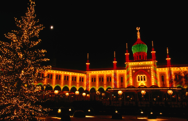 Tivoli Gardens in Copenhagen illuminated for the Christmas Market.